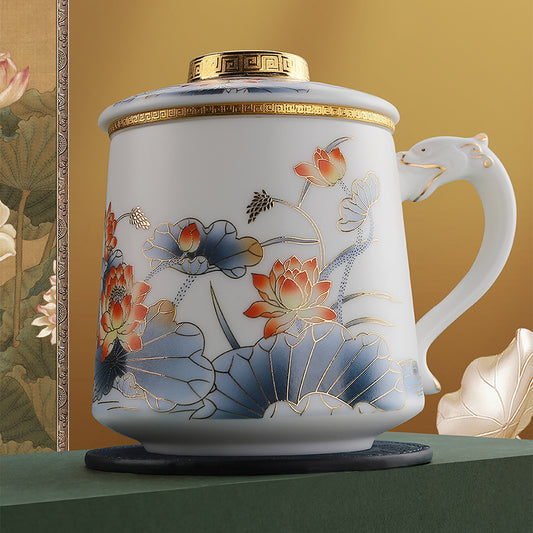 The "Lotus Flower Mutton Fat Jade Porcelain Mug" combines art and practicality