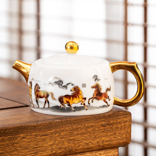 The Eight Galloping Steeds Mutton Fat Jade Porcelain Teapot, savoring the pure and fragrant tea aroma.