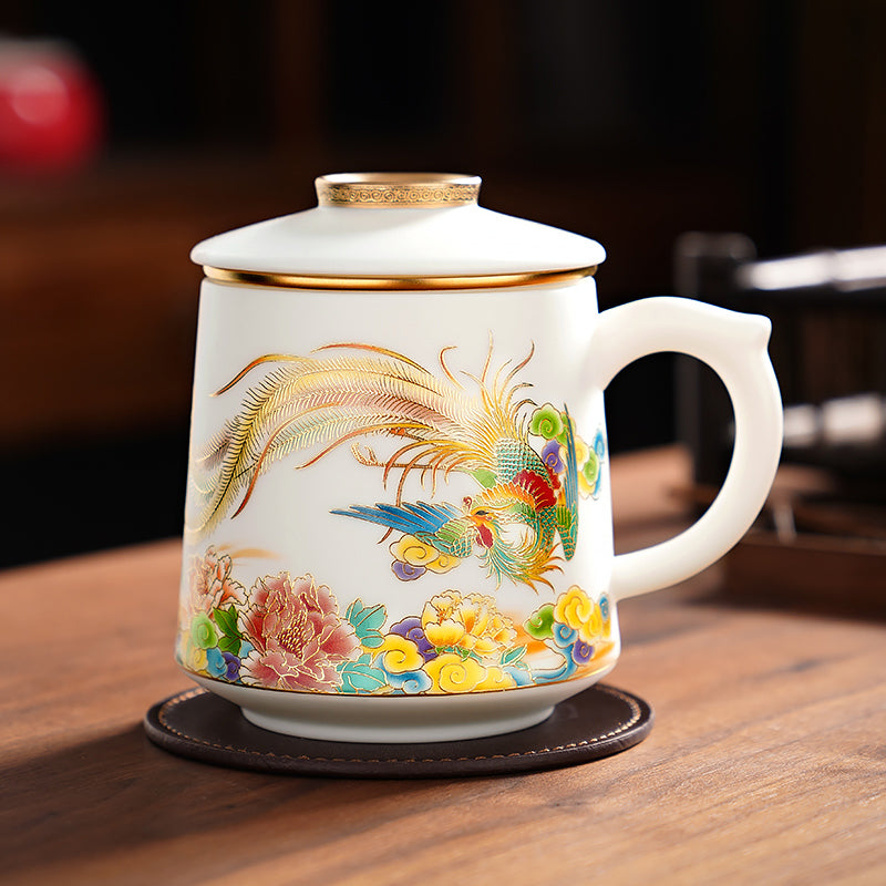 The colorful phoenix tea mug, which symbolizes the revival of all things