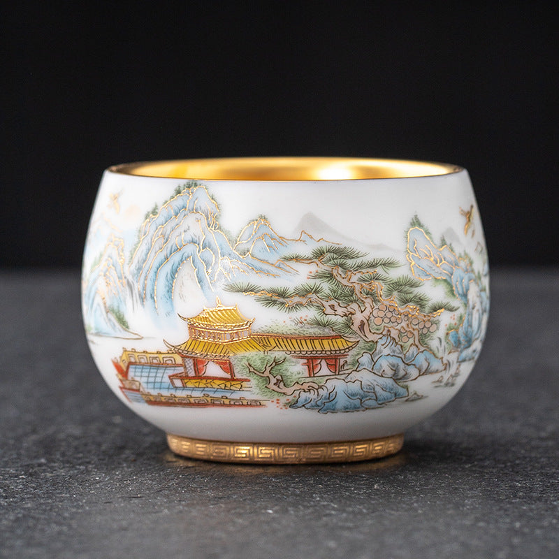 Shangrila Mutton fat jade porcelain Tea Cup， Picturesque Scenery in a Cup