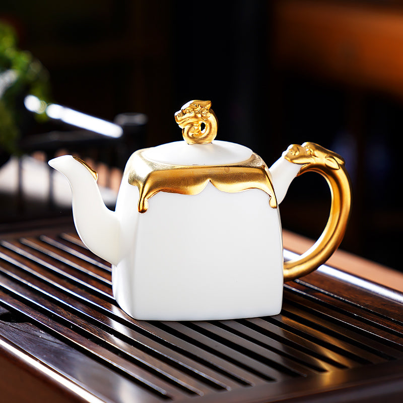 "Square Dragon Mutton Fat Jade Porcelain" Tea Pot: Exhibiting a Dazzling Splendor