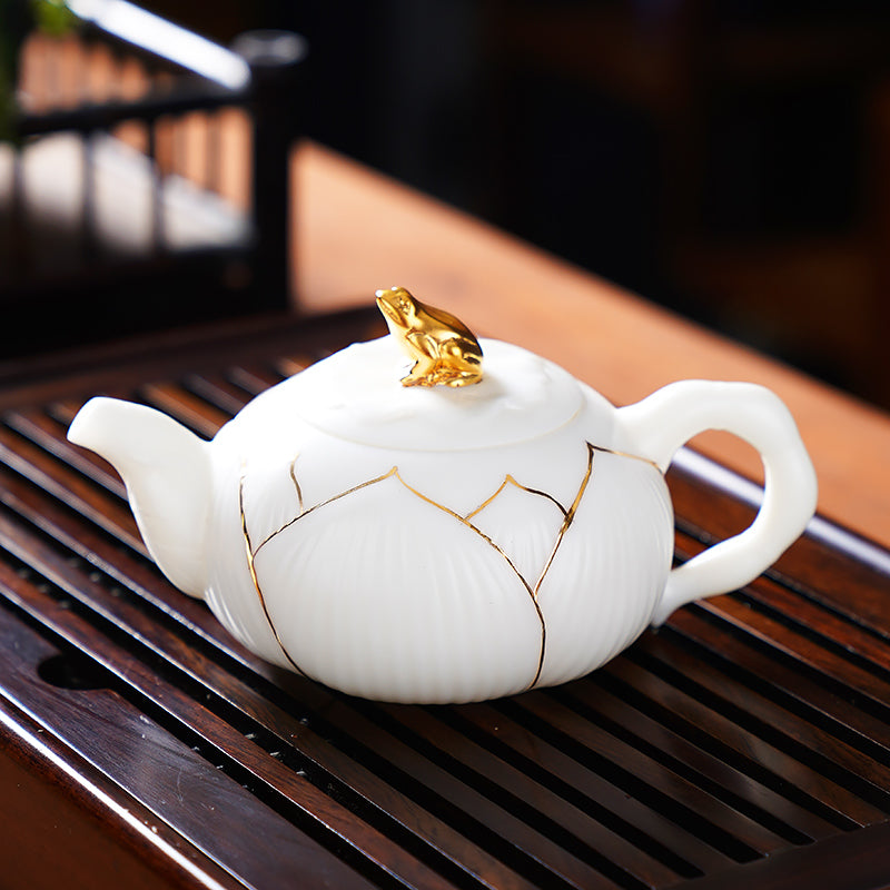 Experience The Superb Carving Craftsmanship Of The Golden Frog Mutton Fat Jade Porcelain Tea   Pot