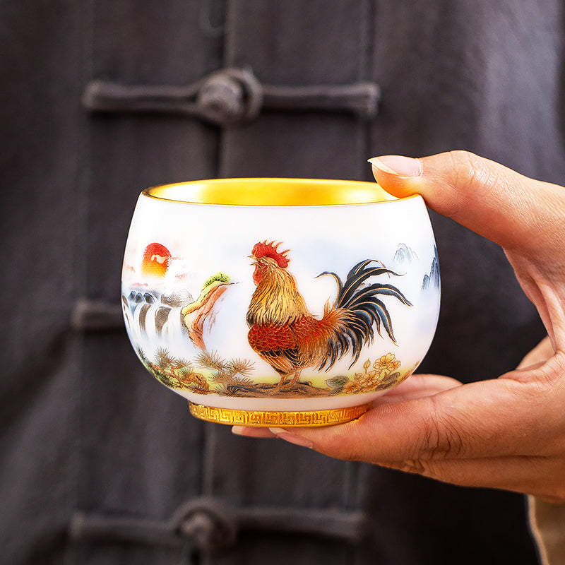 Golden Rooster Crows Mutton Fat Jade Porcelain Tea Cup: Interpreting Nature, Vitality, and Life