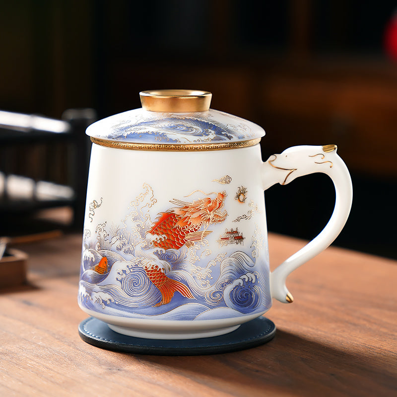 The Carp Leaping Mutton Fat Jade Porcelain Mug Symbolizes a Positive And Upward Attitude
