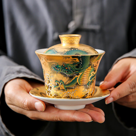 The luxurious and mysterious Green Dragon Mutton Fat Jade Porcelain Gaiwan