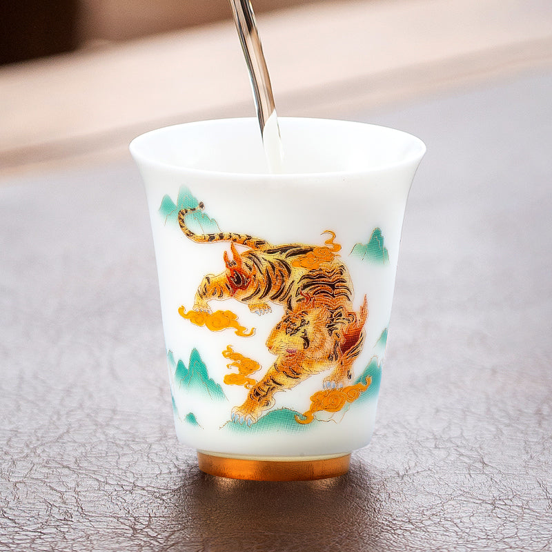Experience Elegance and Mythical Charm with the Mythical Tiger Mutton Fat Jade Porcelain Tea Cup