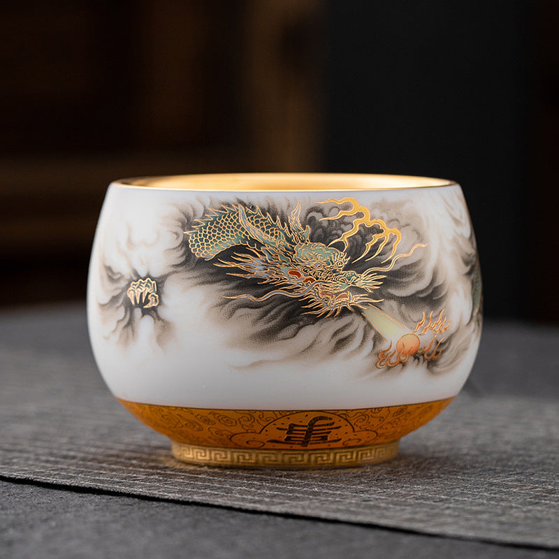Luxury in a Tea Cup: Gilded Dragon and Horse Mutton Fat Jade Porcelain Tea Cups