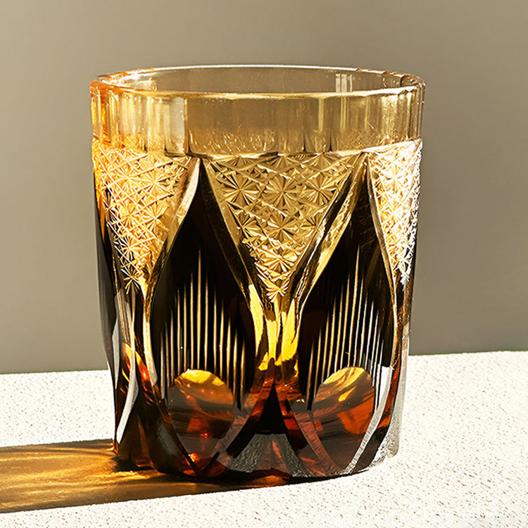 Candlelight Crystal Whiskey Glass with warm amber panel design