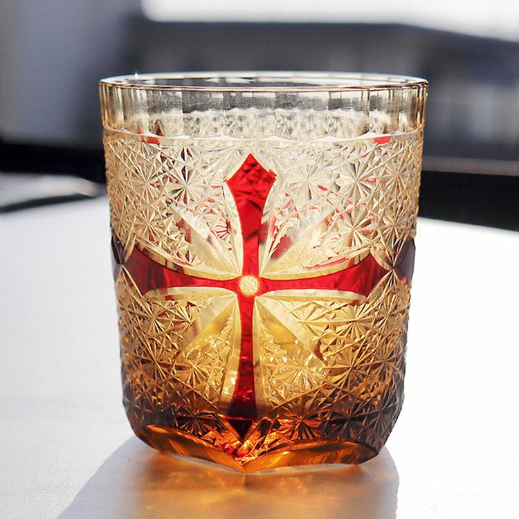 Cross Crystal Whiskey Glass with bold red geometric motif
