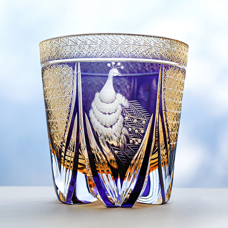 Peacock Whiskey Glasses, peacock-inspired rocks glass for whiskey and bourbon