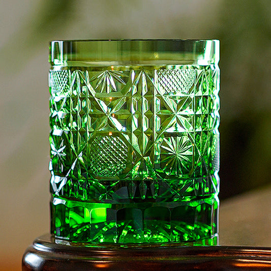 Star Anise Crystal Whiskey Glass with green geometric pattern — Kingwares Crystal Whiskey Glass | Kingwares