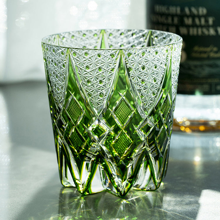 Thistle Flower Crystal Whiskey Glass with floral-inspired green pattern