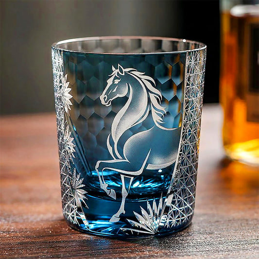 Horse Crystal Whiskey Glass with blue-toned horse motif — Kingwares Crystal Whiskey Glass | Kingwares