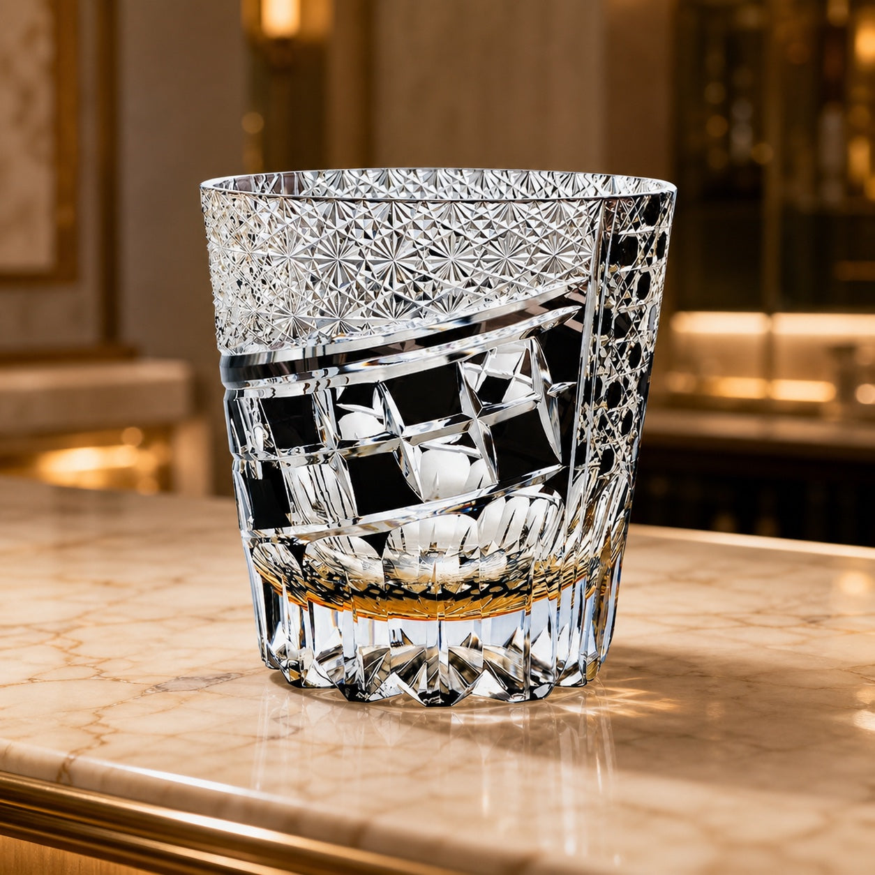 Eye Whiskey Glass displayed on a warm marble home bar counter