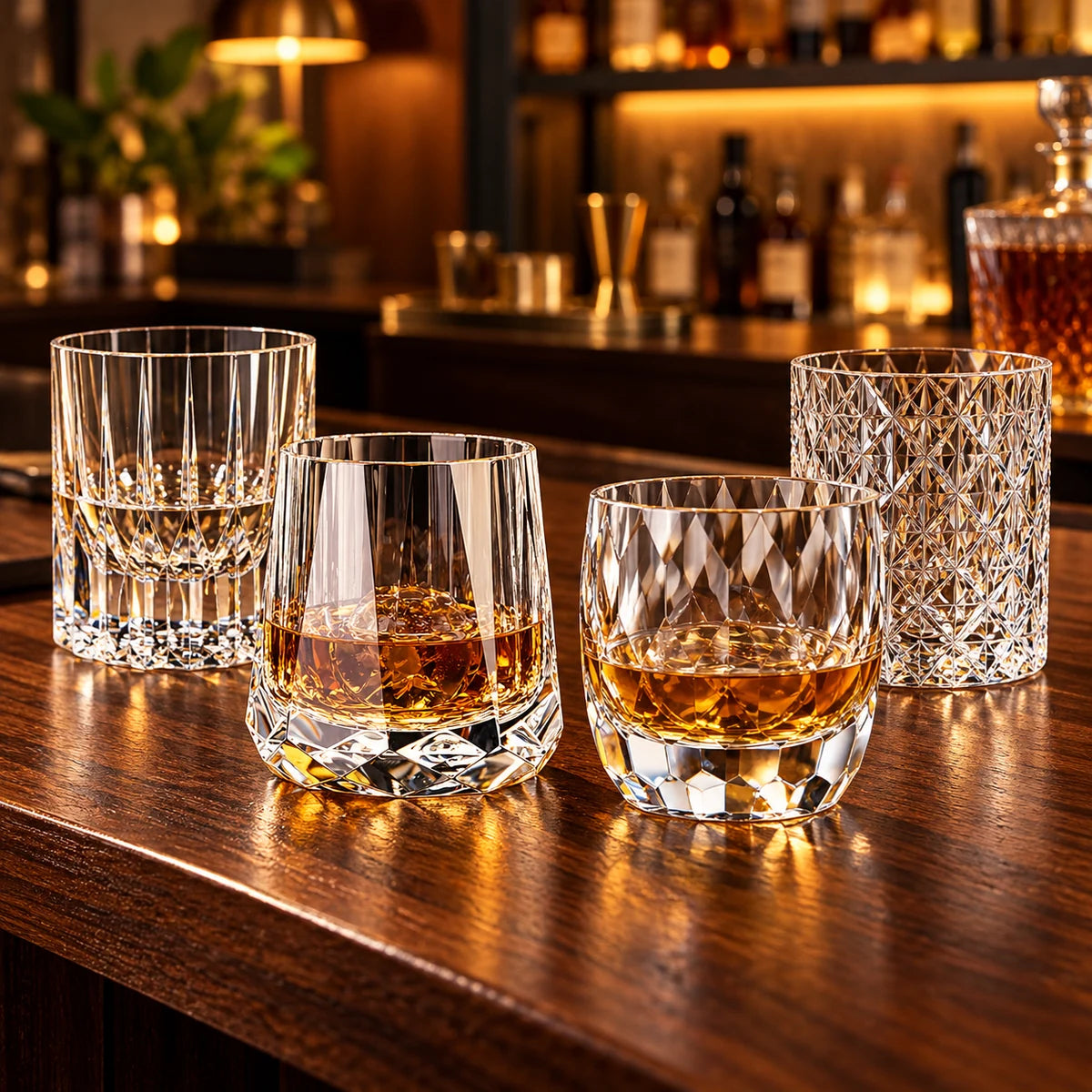 AI-generated bar scene featuring Zeus’s Stone, Nova Crest, Lens and Star whiskey-glass designs.
